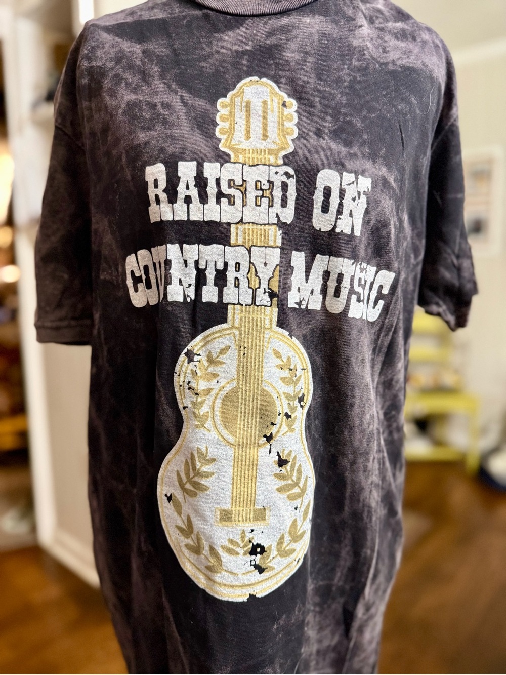 Lane‎ Seven Raised On Country Music Graphic Tee Black Acid Wash Gold Guitar NWOT